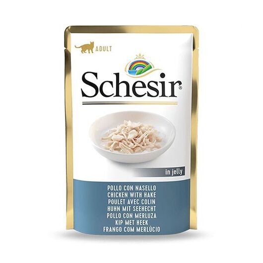 غذای پوچ گربه بالغ شسیر طعم مرغ و ماهی هیک در ژله وزن 85 گرم